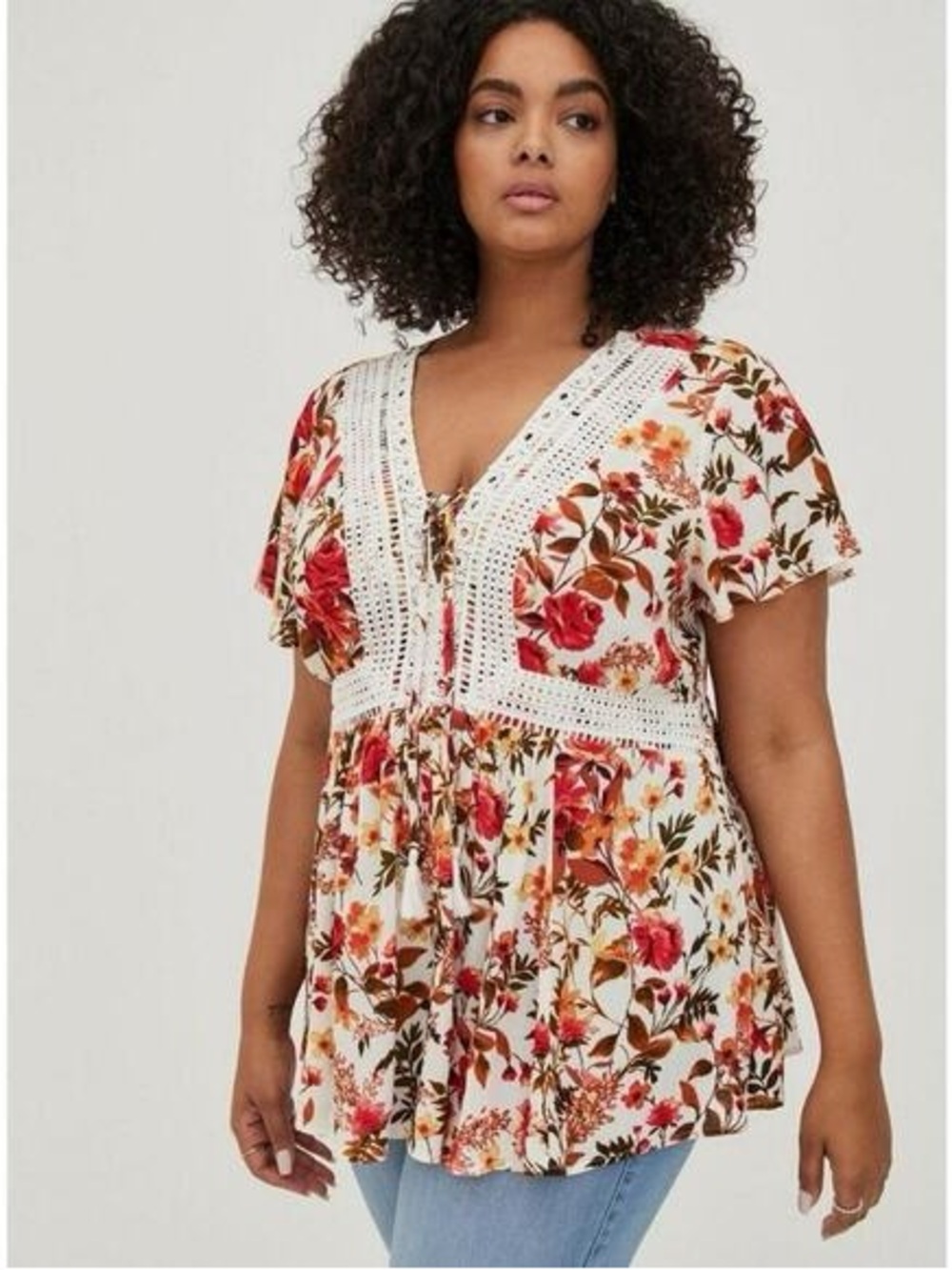 Torrid Floral Babydoll Blouse Red Orange Top Sz 2X